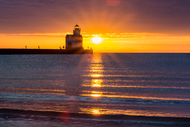 Lighthouse, Fisherman, Sunbeams, Sunrise, Lake Michigan, Kewaunee, Wisconsin