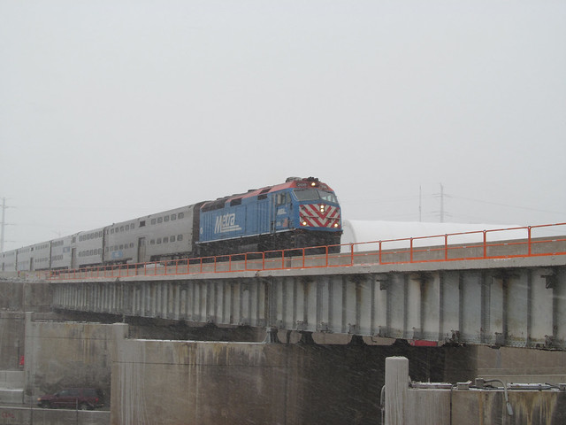 Metra Rock Island Train crossing the Dan Ryan Expressway via the Englewod Flyover