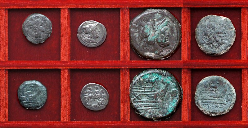RRC 122 dog denarius and as, RRC 121 sow bronzes, Ahala collection, coins of the Roman Republic
