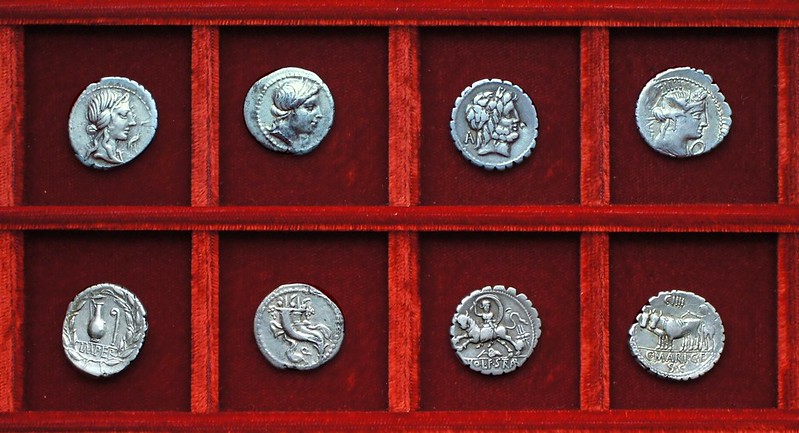 RRC 374 IMPER Caecilia, RRC 375 Q Sulla Cornelia, RRC 377 L.VLO. L.F. STRABO Volteia, RRC 378 C.MARI Maria, Ahala collection, coins of the Roman Republic