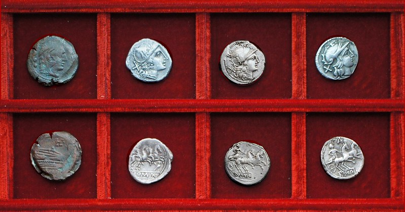 RRC 135 owl denarius, RRC 136 AV Aurelia denarius and Dacian imitation, RRC 134 LPLH Plautia quadrans, Ahala collection, coins of the Roman Republic