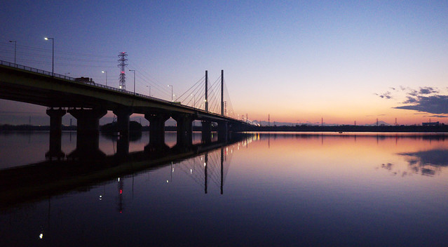 Sunset of Saiko Lake and Sakitama Ohashi Bridge