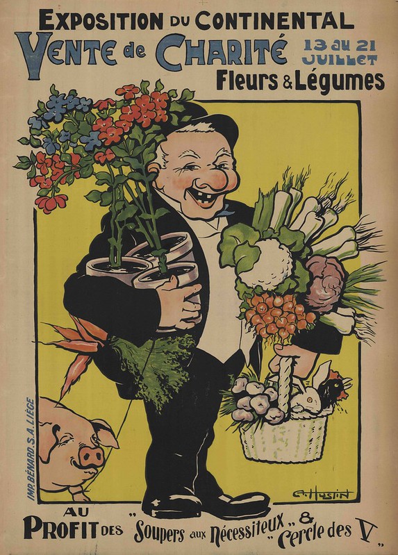 french advert print with happy man holding fruits & veg accompanied by pig on leash