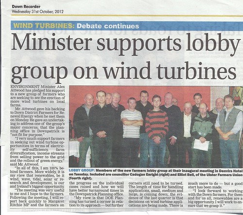 Minister for Environment backs Lecale Farmers wind turbine campaign 
