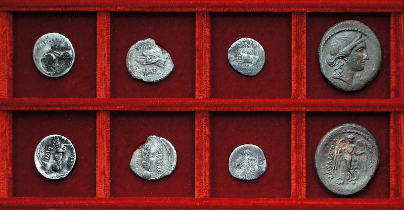 RRC 546-7-7-8 IMP CAESAR Scarpus Octavian plated hybrid, denarius, quinarius, RRC 550 Q.OPPIVS PR Oppius dupondius, Ahala collection, coins of the Roman Republic