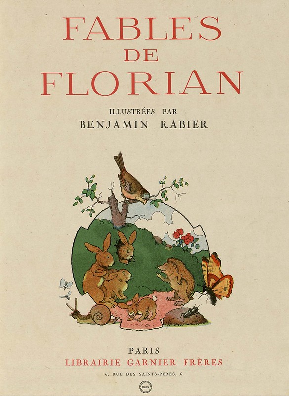 title page / frontispiece to Rabier's children's fable book : happy animals image + title text