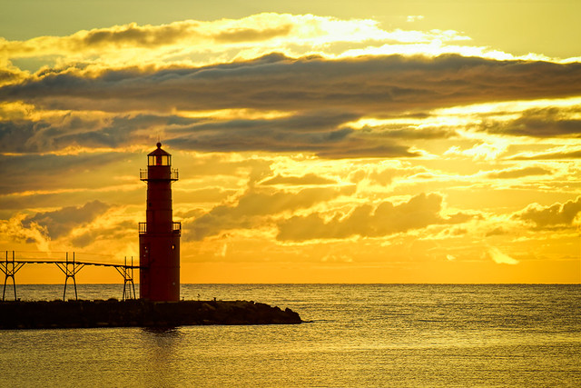 Algoma Lighthouse, Sunrise, Lake Michigan, Clouds, Landscape