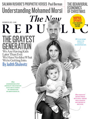 cover of the new republic shows a couple holding a baby in black and white
