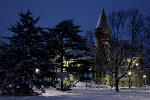 Orton Hall at night, in the snow by andiwolfe