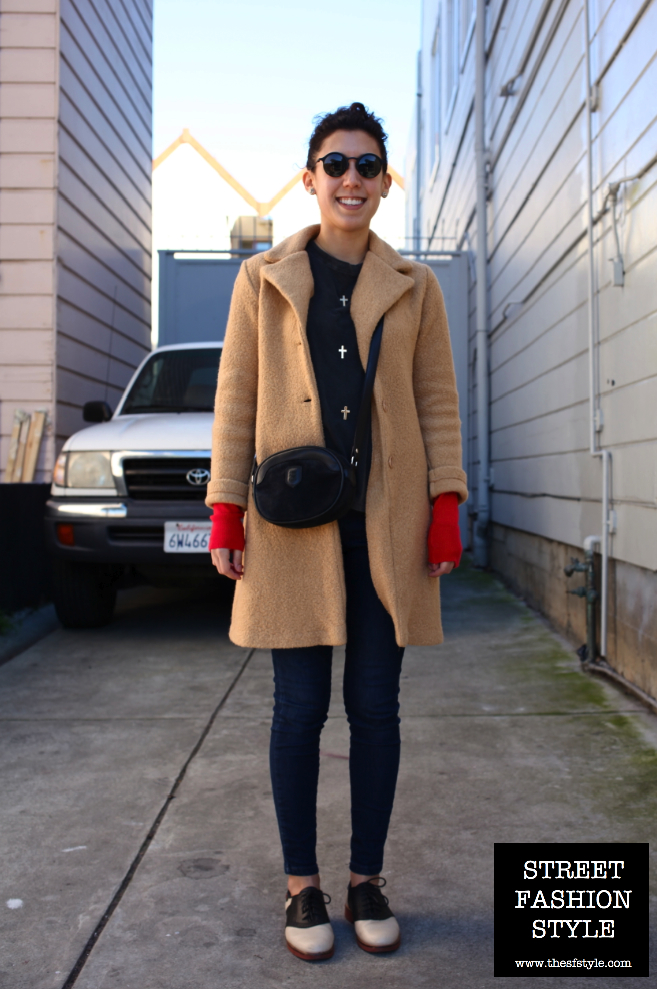 vintage coat, pop of red, saddle shoes, cross shirt, street fashion style, san francisco fashion blog, 