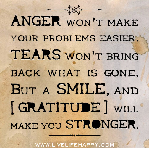 Anger won’t make your problems easier. Tears won’t bring back what is gone. But a smile, and gratitude will make you stronger.