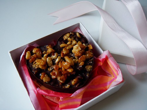 Chocolate Hearts with Caramelized Rice Krispies & Dried Cherries