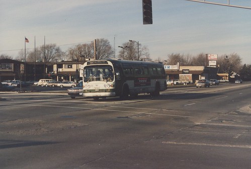 Southbound Chicago Transit Authority Rt # 53A / South Pulaski bus at the intersectin of West 111th Street and South Pulaski Road.  Chicago Illinois.  December 1986. by Eddie from Chicago
