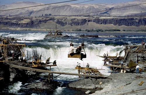 archival photo, fishing platforms over Celilo Falls (courtesy of Columbia River Inter-Tribal Fish Commission)