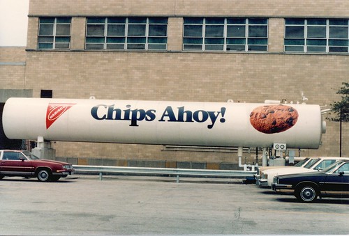 Chips Ahoy cookie advertisement on an exterior tank at the Nabisco factory.  Chicago Illinois. June 1984. by Eddie from Chicago