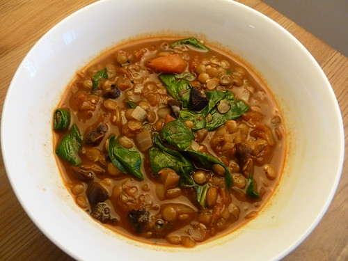 Smoky Tomato Lentil Soup with Spinach and Olives