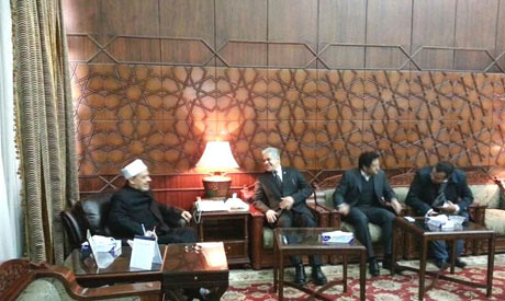 Sheikh Ahmed El Tayeb with Hamdeen Sabbahi at meeting of various political parties, religious groups and coalitions designed to reach an agreement to end violence in Egypt. The meeting took place on January 31, 2013. by Pan-African News Wire File Photos