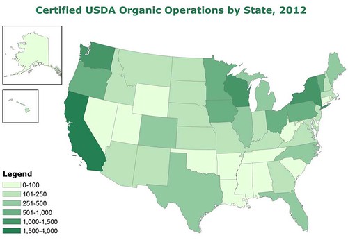 In 2012, there was significant growth in the number of operations in California, Iowa, and New England, and only slight growth in the number of operations in the southeastern United States.  This map shows the concentration of organic operations within the U.S.