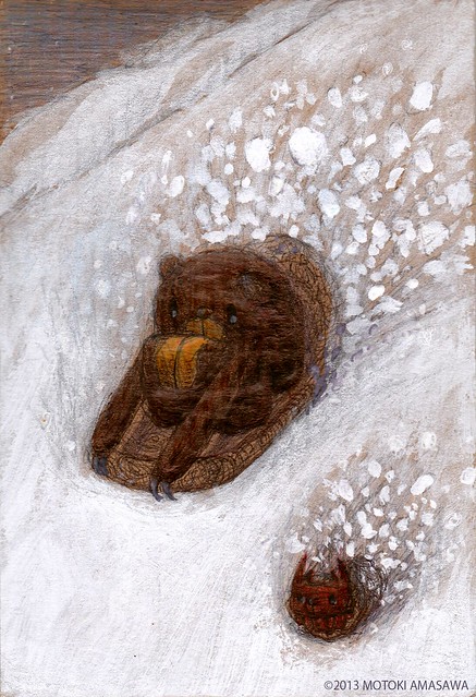 一枚絵40_雪山でそりをするクマむー