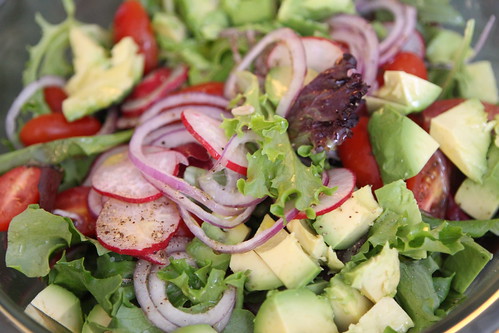 Salad with Avocado, Radish, Red Onion, and Grape Tomato with Lisbon Lemon Juice and Olive Oil