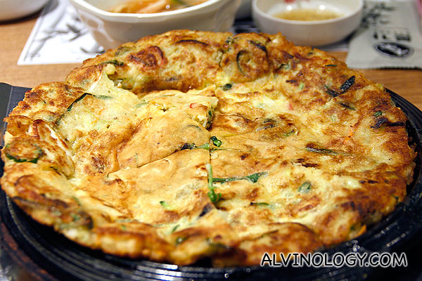 Haemul Pajeon (pancake made from scallions and a variety of seafood; $22)