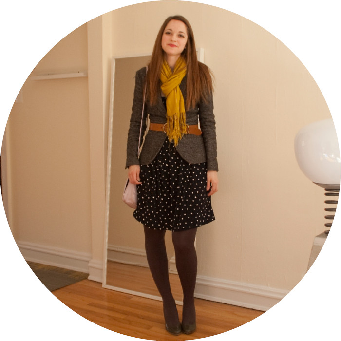 february outfit, summer dress with blazer, remix, polka dot dress, navy and gray, tweed blazer, mustard scarf, belted jacket, lavender purse
