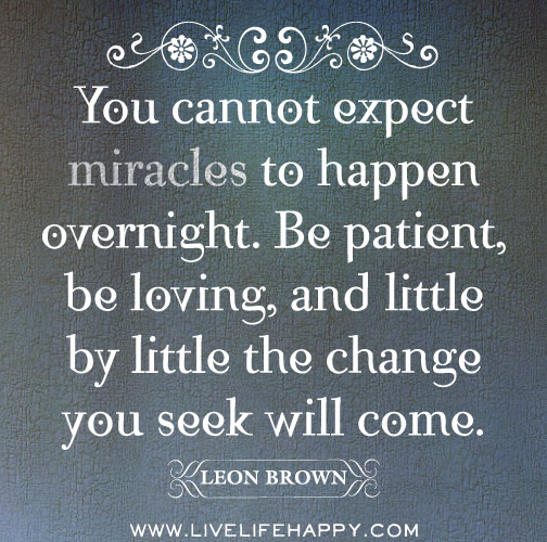 You cannot expect miracles to happen overnight. Be patient, be loving and little by little the change you seek will come. - Leon Brown