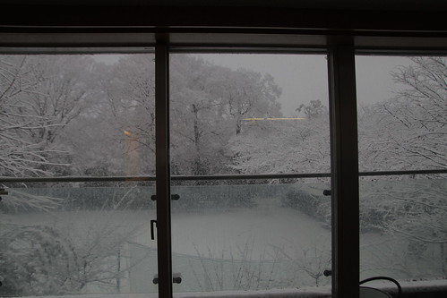 Snow scenery through kitchen window