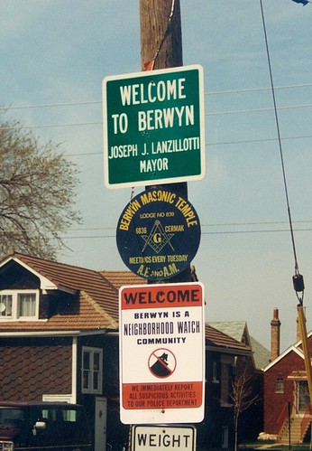 Village of Berwyn city limits border signs on West 16th Street.  Berwyn Illinois.  April 1989. by Eddie from Chicago