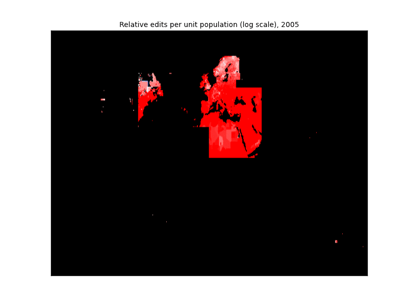 Animation showing the density of OSM edits in 2005-2012, divided by population density.