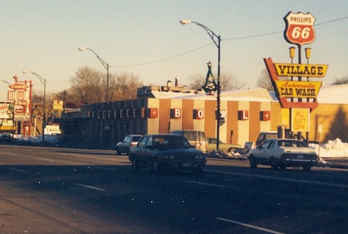 Bleeker's Bowl and the Phillip's 66 Village Car Wash on West 95th Street.  Evergreen Park Illinois.  Early January 1988. by Eddie from Chicago