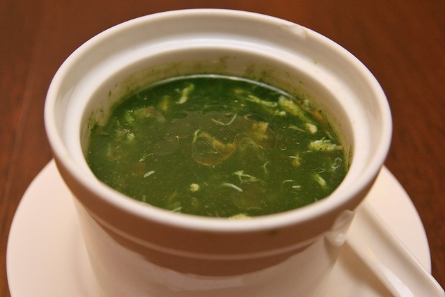 Eight Treasure Soup with Seafood - the green is natural from spinach puree