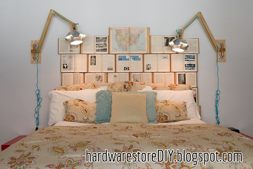DIY bedside lamps and book headboard