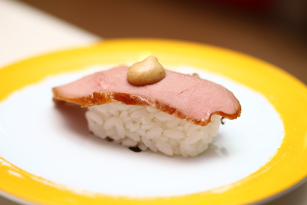 Genki Sushi's Smoked Duck Sushi with honey mustard