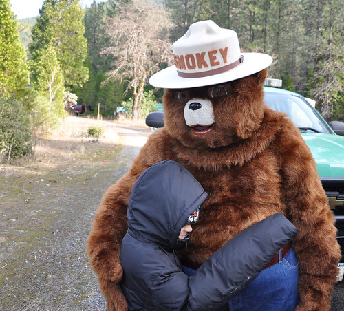 Smokey Bear receives a bear hug from a child visiting Sims Flat Campground in the Shasta Trinity National Forest in Redding, California. (Photo credit: U.S. Forest Service, Paul Young)
