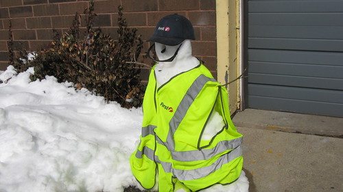A snowman outside the First Transit mechanic's garage.  Glenview Illinois.  Thursday, March 7th, 2013. by Eddie from Chicago