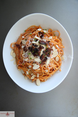 Pasta with Roasted Red Peppers, Almonds and Bacon