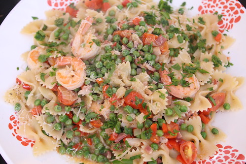 Spring Farfalle with Peas, Bacon, and Shrimp