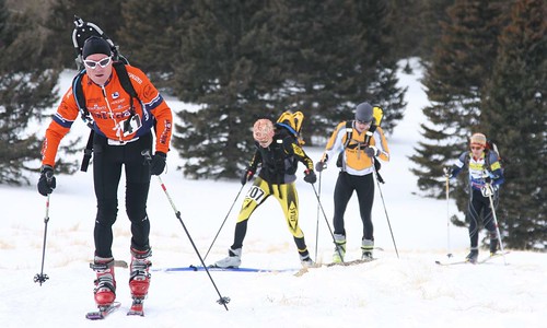 Competitors in the cross-country skiing leg of the Mt. Taylor Winter Quadrathlon. The race starts at 7,500 feet, and then continues until they reach the 11,301-foot peak of Mt. Taylor – a 22-mile trek. Then they reverse course and go back down the mountain – another 22 miles. (Mt Taylor Quadrathlon Committee photo) 