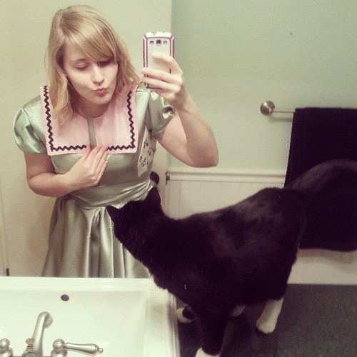 Trying on my costume for fit and my kitty wanted to take selfies too #cosplay #me #tdc