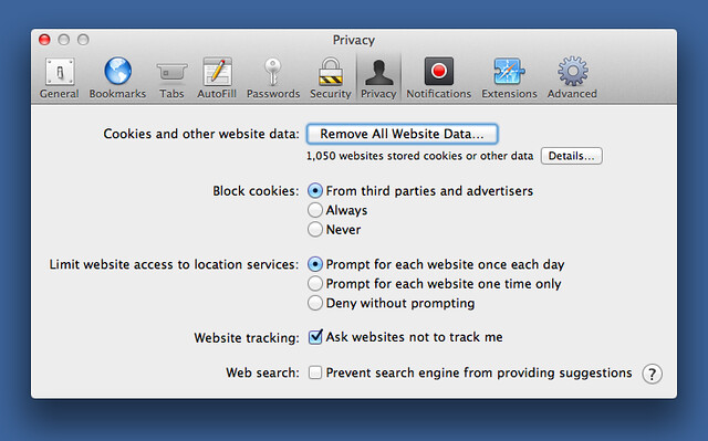 Safari Privacy preferences