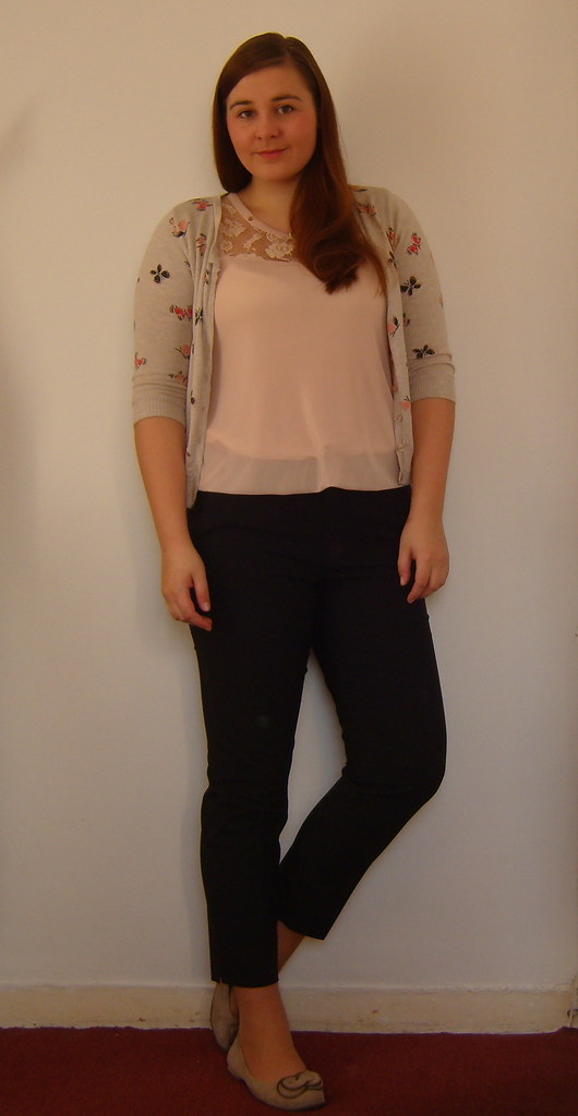 Uniqlo trousers, Pink top, Tesco Cardigan, Clarks Shoes