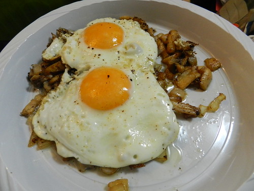 Parsnip, onion & mushroom fry, with fried eggs