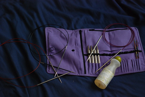 KnitPro Karbonz, ChiaoGoo Red Lace, and KnitPro Nova needles with a bag and Eucalan