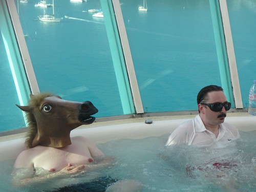 John Hodgman joined by a horse during his hot tub office hours