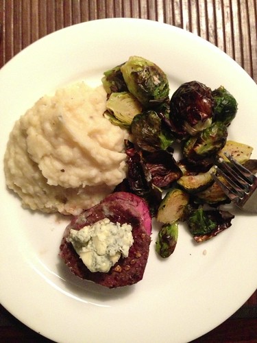 Pan Seared Beef Tenderloin with Roasted Brussels Sprouts and Foie Gras Mashed Potatoes
