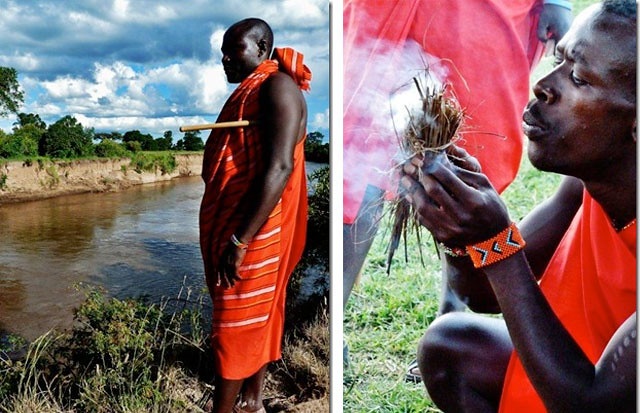 Pita en el Río Mara (Reserva Natural del Maasai Mara, Kenia) y Ladama nos enseña cómo hacen fuego frotando ramas con las manos en su Aldea Maasai