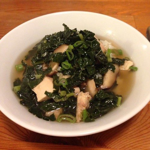 Chicken soup with shiitakes and kale