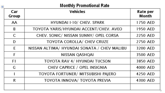 monthly car rental rates