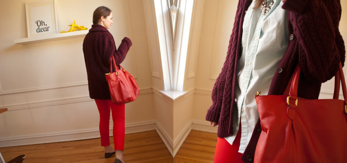 april outfits, big sweaters, what to wear with, red j.crew factory winnie pants, red and burgundy, cable knit cardigan, men's dress shirt, wearing color to work, outfit ideas, business casual, j.crew red purse